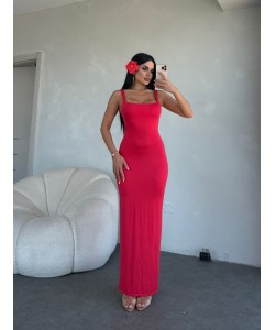 KIRMIZI KALIN ASKILI STREÇ ELBİSE