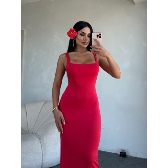 KIRMIZI KALIN ASKILI STREÇ ELBİSE