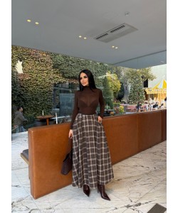 EKOSE DESENLİ MIDI ETEK KAHVE 