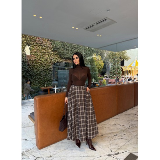 EKOSE DESENLİ MIDI ETEK KAHVE 