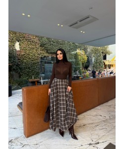 EKOSE DESENLİ MIDI ETEK KAHVE 