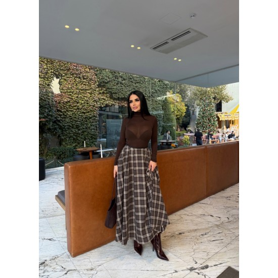 EKOSE DESENLİ MIDI ETEK KAHVE 