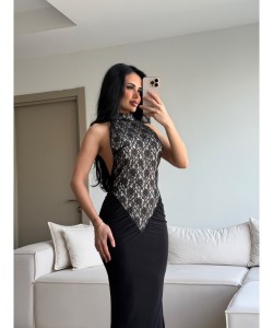 ÖZEL TASARIM GÜPÜRLÜ HALTER YAKA ELBİSE