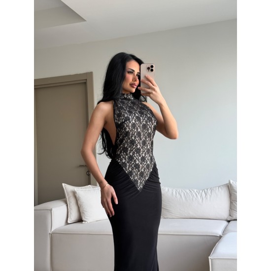 ÖZEL TASARIM GÜPÜRLÜ HALTER YAKA ELBİSE