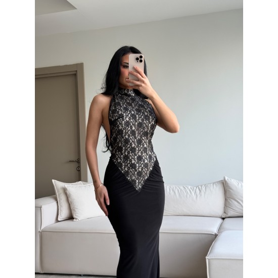 ÖZEL TASARIM GÜPÜRLÜ HALTER YAKA ELBİSE