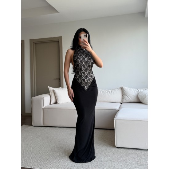 ÖZEL TASARIM GÜPÜRLÜ HALTER YAKA ELBİSE