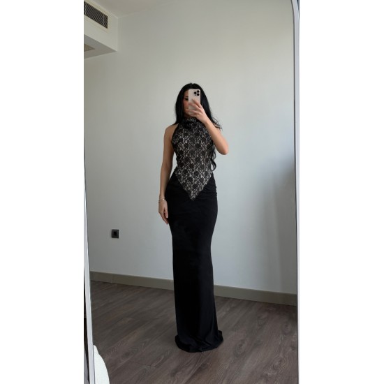 ÖZEL TASARIM GÜPÜRLÜ HALTER YAKA ELBİSE