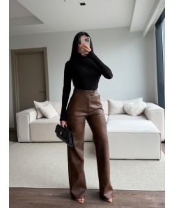 KAHVE YÜKSEK BEL DERİ PANTOLON