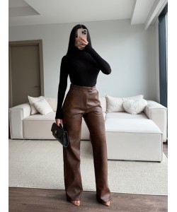 KAHVE YÜKSEK BEL DERİ PANTOLON