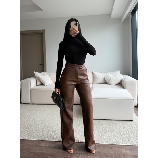 KAHVE YÜKSEK BEL DERİ PANTOLON