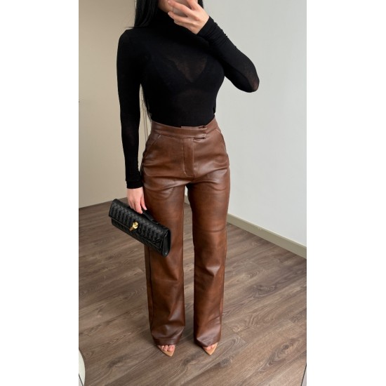 KAHVE YÜKSEK BEL DERİ PANTOLON