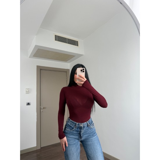 BORDO HAFİF TRANSPARAN DİK YAKA BODY