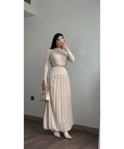 TRİKO DETAY BALON ELBİSE  KREM