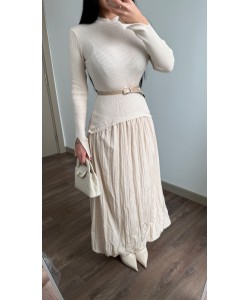 TRİKO DETAY BALON ELBİSE  KREM