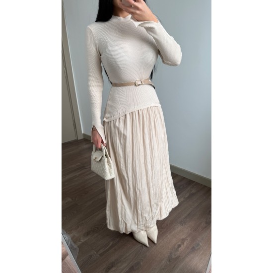 TRİKO DETAY BALON ELBİSE  KREM