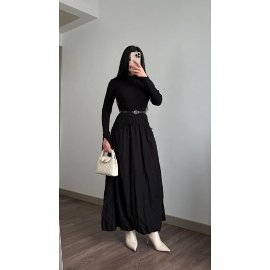 TRIKO DETAY BALON ELBİSE SİYAH