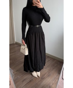 TRIKO DETAY BALON ELBİSE SİYAH