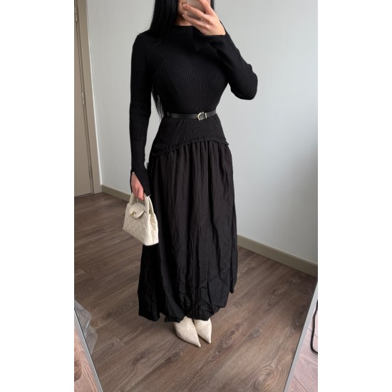 TRIKO DETAY BALON ELBİSE SİYAH