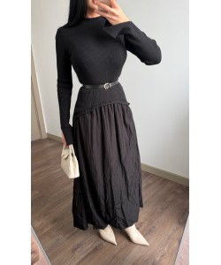 TRIKO DETAY BALON ELBİSE SİYAH