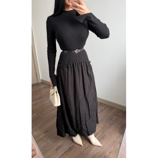 TRIKO DETAY BALON ELBİSE SİYAH