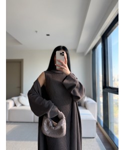 BOĞAZLI TRİKO ELBİSE HIRKA TAKIM KAHVE