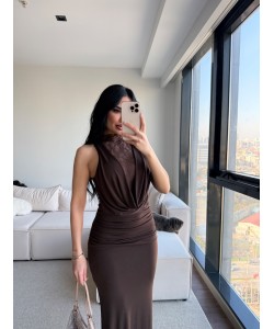 KAHVERENGİ GÜPÜR DETAY TASARIM ELBİSE 