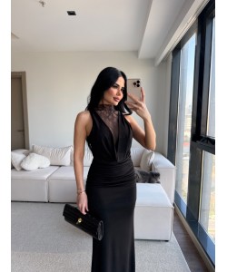 SİYAH GÜPÜR DETAY TASARIM ELBİSE