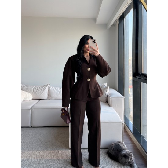 GOLD AKSESUARLI BEL OTURTMALI BLAZER TAKIM KAHVE