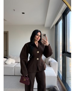 GOLD AKSESUARLI BEL OTURTMALI BLAZER TAKIM KAHVE