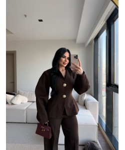 GOLD AKSESUARLI BEL OTURTMALI BLAZER TAKIM KAHVE