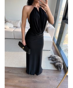 MÜCEVHER YAKALI UZUN ELBİSE SİYAH