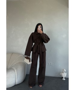 KAHVE DENIM KUŞAKLI PANTOLON TAKIM