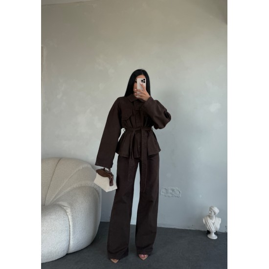 KAHVE DENIM KUŞAKLI PANTOLON TAKIM