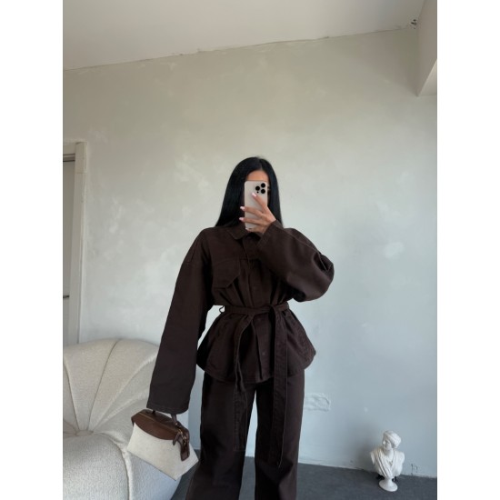 KAHVE DENIM KUŞAKLI PANTOLON TAKIM