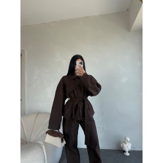 KAHVE DENIM KUŞAKLI PANTOLON TAKIM