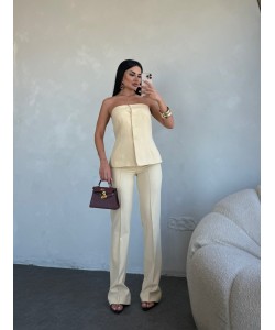 DÜĞME STRAPLEZ AÇIK SARI PANTOLON TAKIM DÜĞME STRAPLEZ AÇIK SARI PANTOLON TAKIM