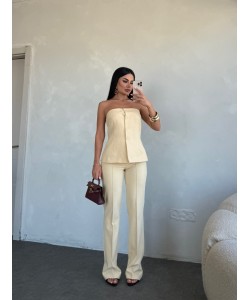 DÜĞME STRAPLEZ AÇIK SARI PANTOLON TAKIM