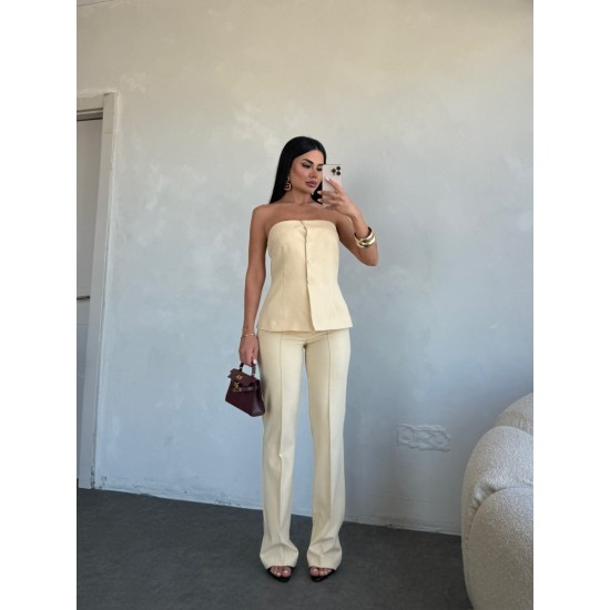 DÜĞME STRAPLEZ AÇIK SARI PANTOLON TAKIM