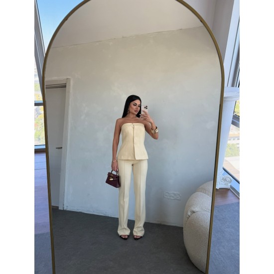 DÜĞME STRAPLEZ AÇIK SARI PANTOLON TAKIM