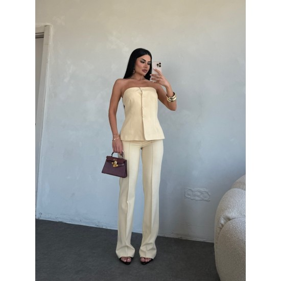 DÜĞME STRAPLEZ AÇIK SARI PANTOLON TAKIM