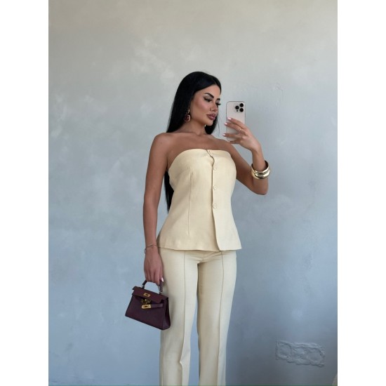 DÜĞME STRAPLEZ AÇIK SARI PANTOLON TAKIM