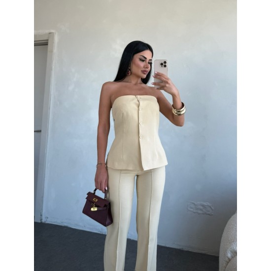 DÜĞME STRAPLEZ AÇIK SARI PANTOLON TAKIM