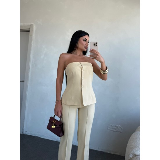 DÜĞME STRAPLEZ AÇIK SARI PANTOLON TAKIM