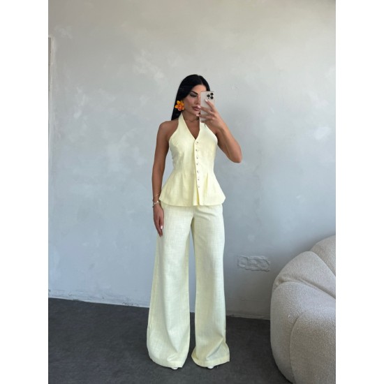 GİGY HALTER YAKA SARI KETEN TAKIM