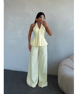 GİGY HALTER YAKA SARI KETEN TAKIM