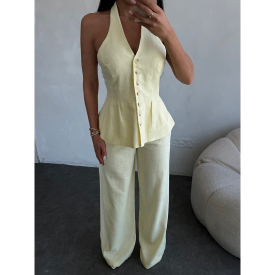 GİGY HALTER YAKA SARI KETEN TAKIM