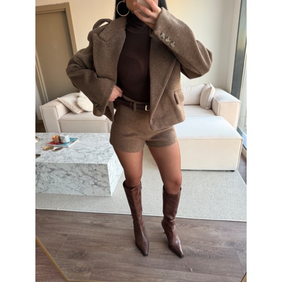 AÇIK KAHVE KAŞE ŞORT CEKET TAKIM