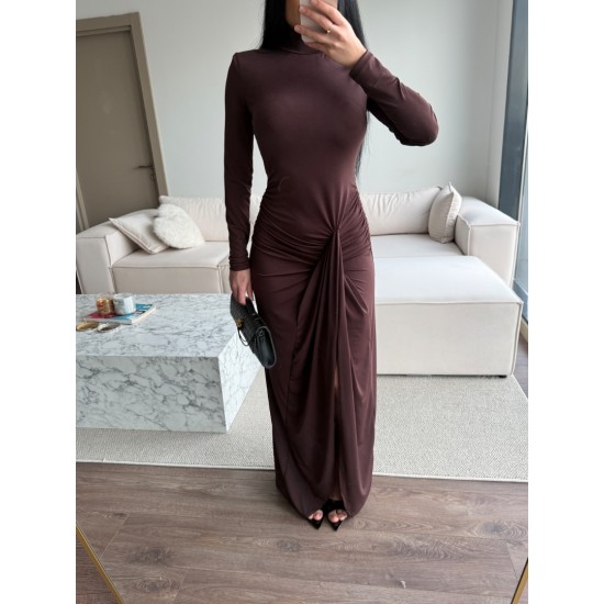 VATKALI BÜZGÜ DETAY ELBİSE KAHVERENGİ