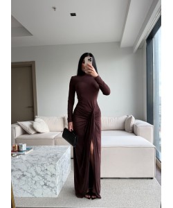 VATKALI BÜZGÜ DETAY ELBİSE KAHVERENGİ