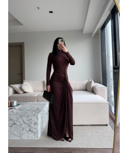 VATKALI BÜZGÜ DETAY ELBİSE KAHVERENGİ